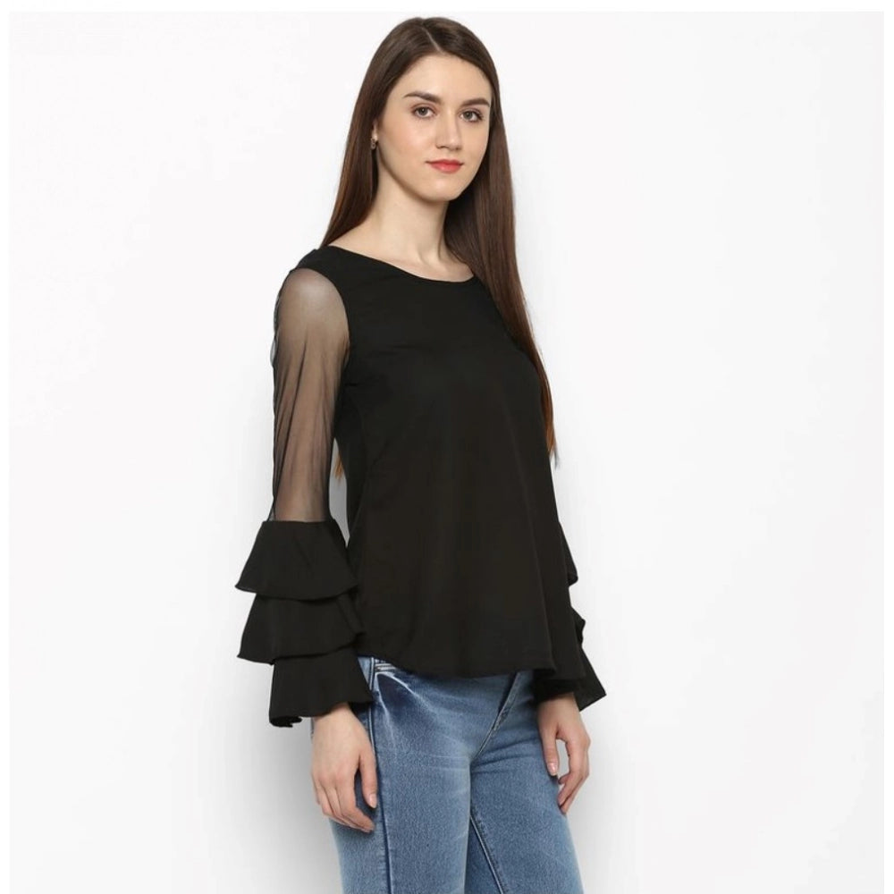 Vaystra Polyester Solid Tier Sleeve Top – Black