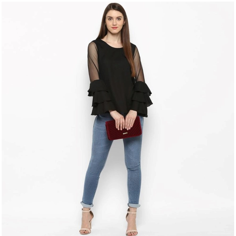 Vaystra Polyester Solid Tier Sleeve Top – Black