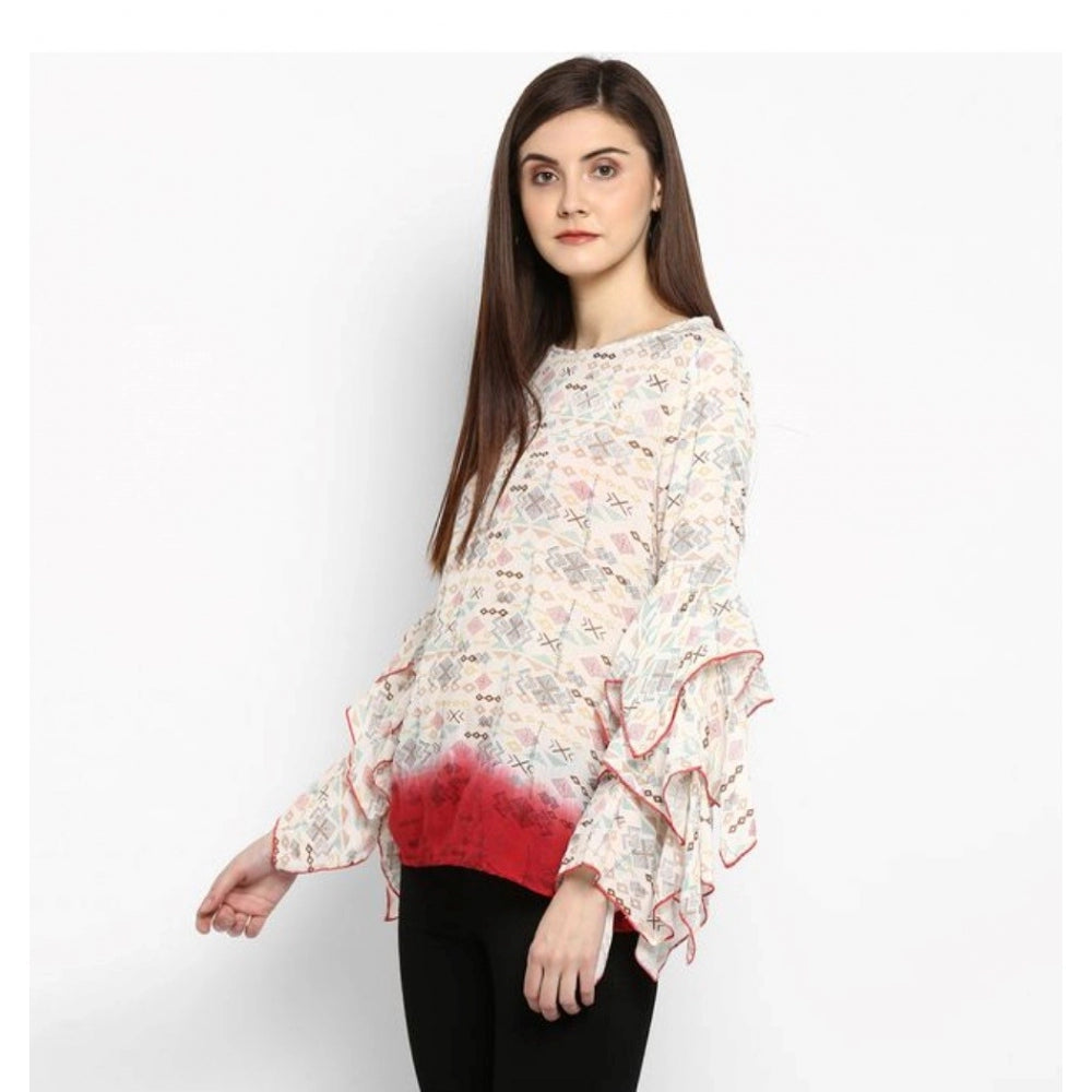 Vaystra Rayon Crepe Printed Ruffle Sleeve Top – Off White & Red