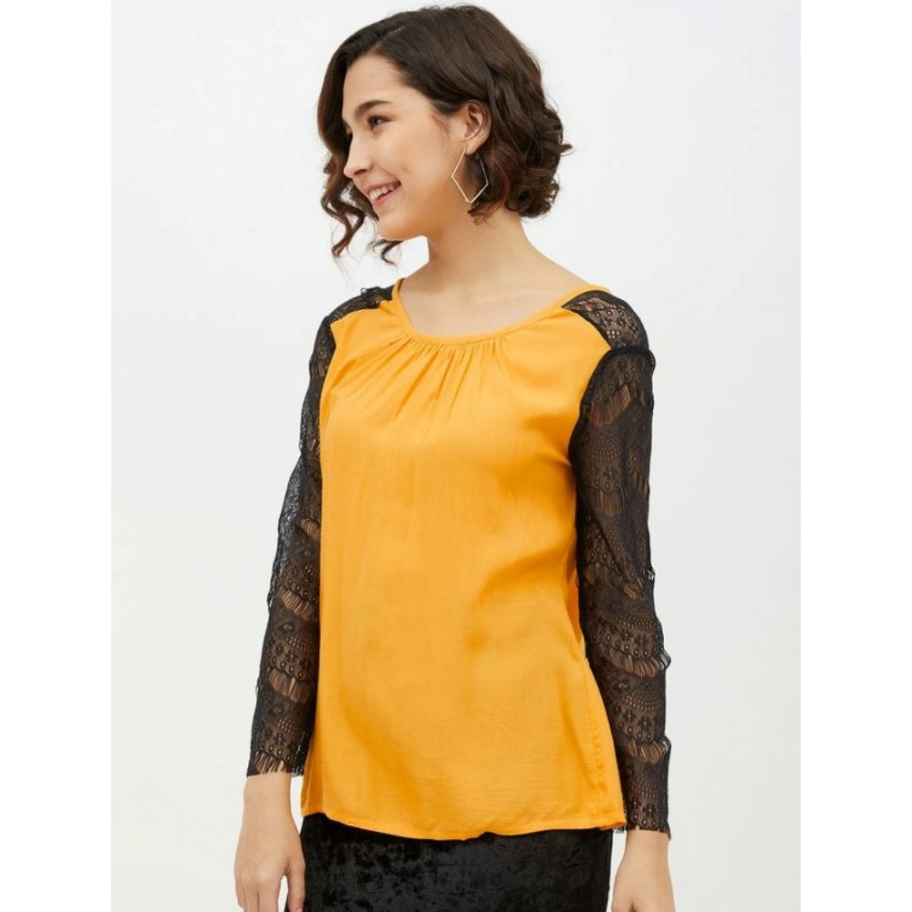 Vaystra Rayon Lace Inserts Long Sleeves Top – Yellow