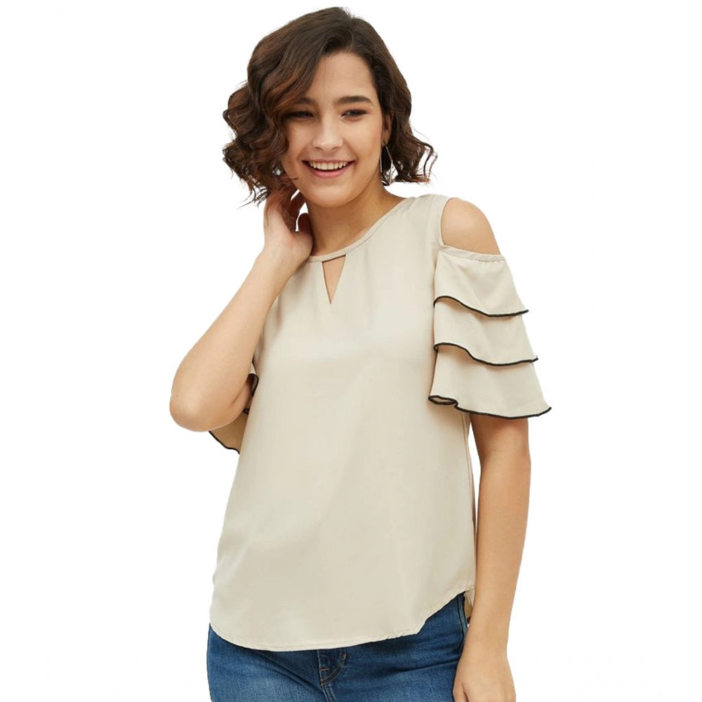 Vaystra Polyester Tiered Cold Shoulder Top – Beige