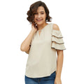 Vaystra Polyester Tiered Cold Shoulder Top – Beige