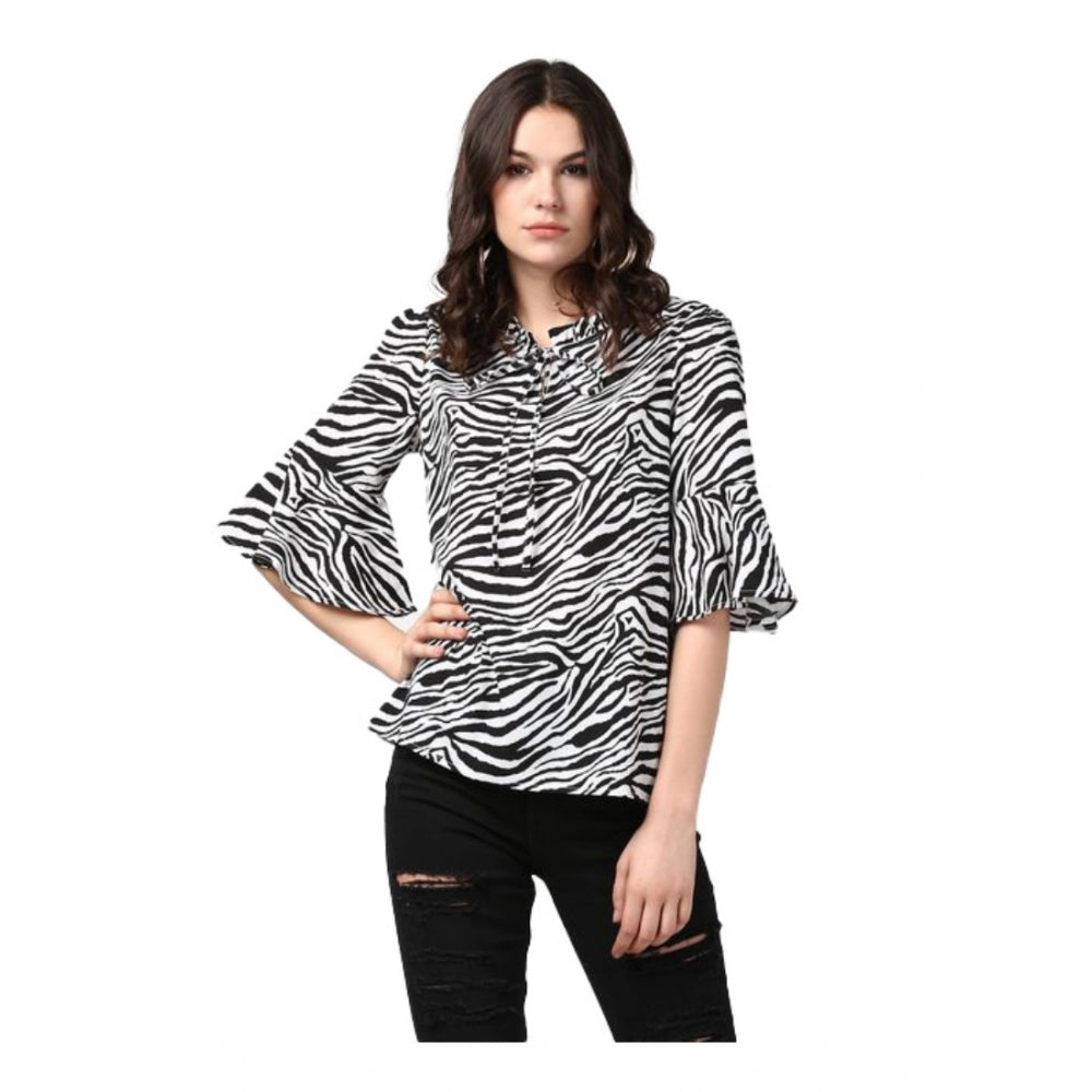 Vaystra Polyester Animal Print Bell Sleeve Top – Black & White