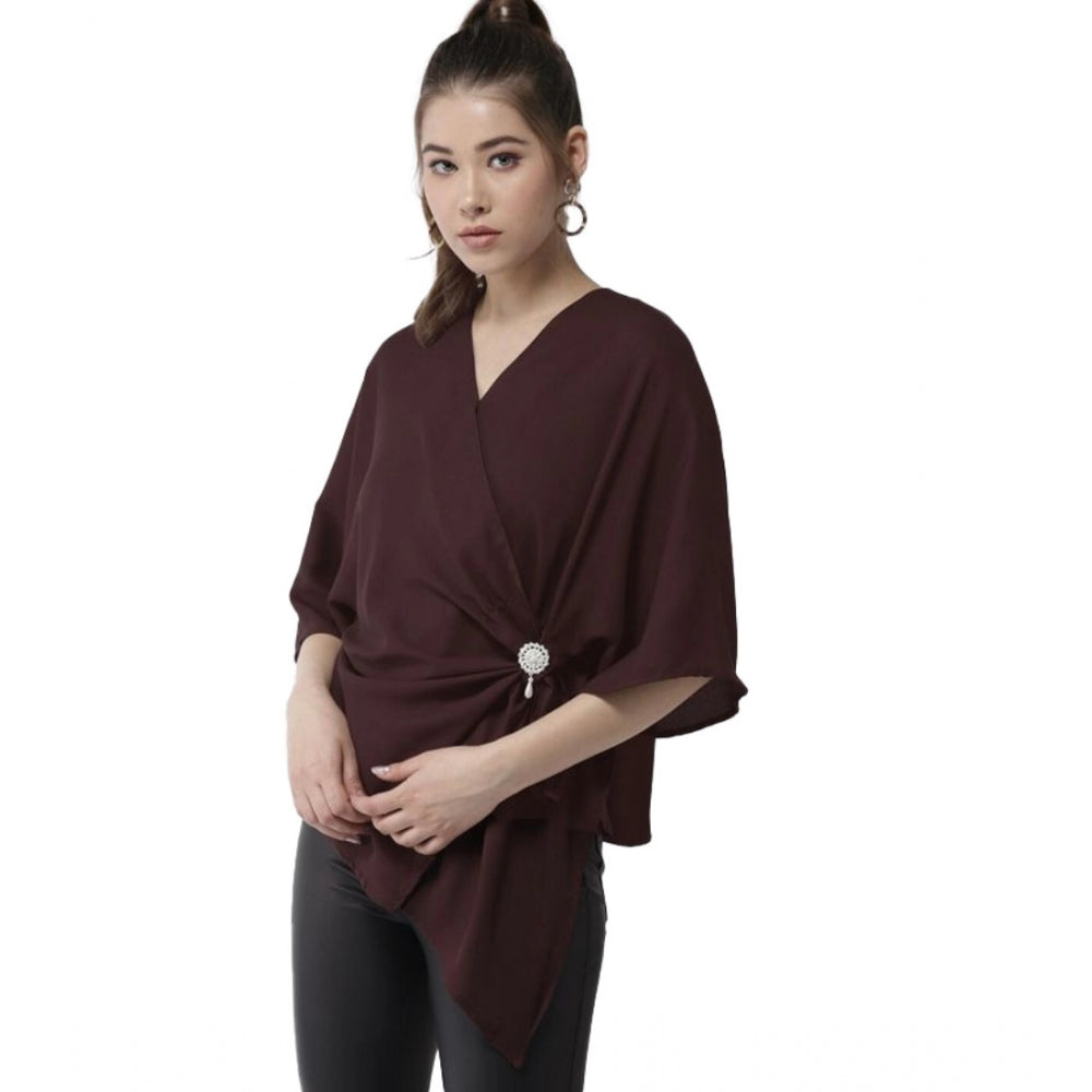 Vaystra Polyester Solid Cape Sleeve Top – Maroon