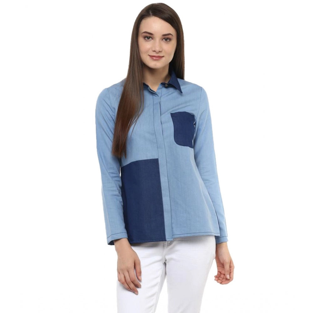 Vaystra Denim Patch Work Long Sleeves Regular Top – Blue