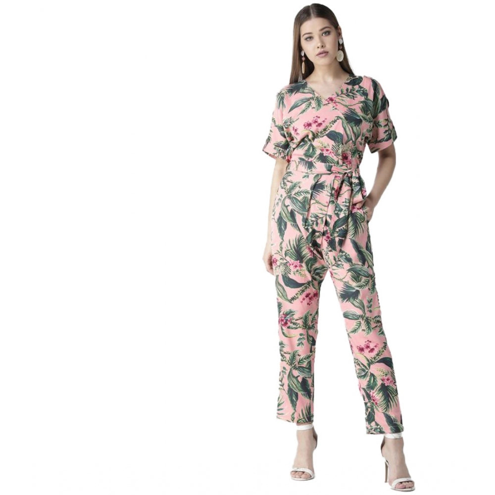 Vaystra Polyester Floral Half Sleeve Jumpsuit – Pink