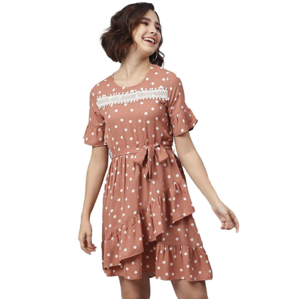 Vaystra Polyester Polka Bell Sleeve Above Knee Dress – Brown