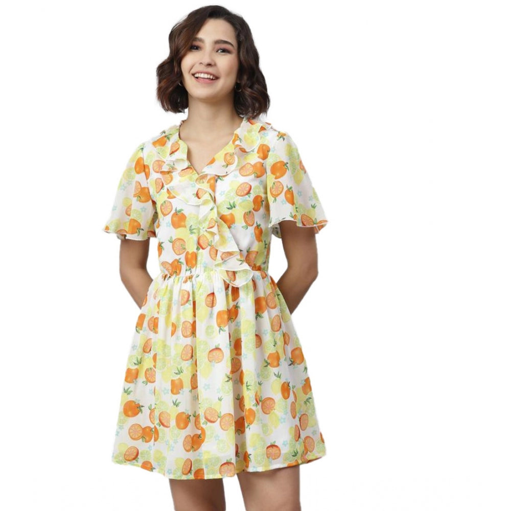 Vaystra Polyester Printed Flutter Above Knee Dress – Yellow & Orange