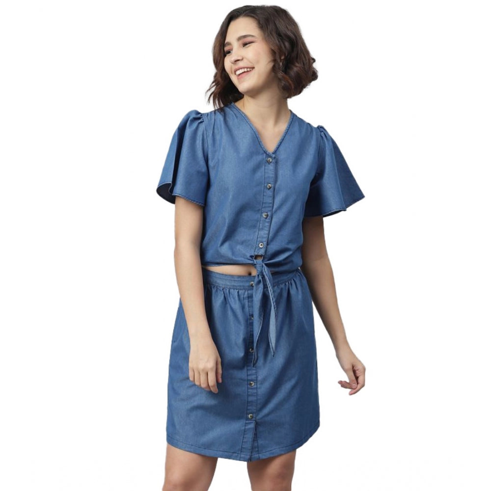 Vaystra Denim Solid Flutter Above Knee Dress – Blue