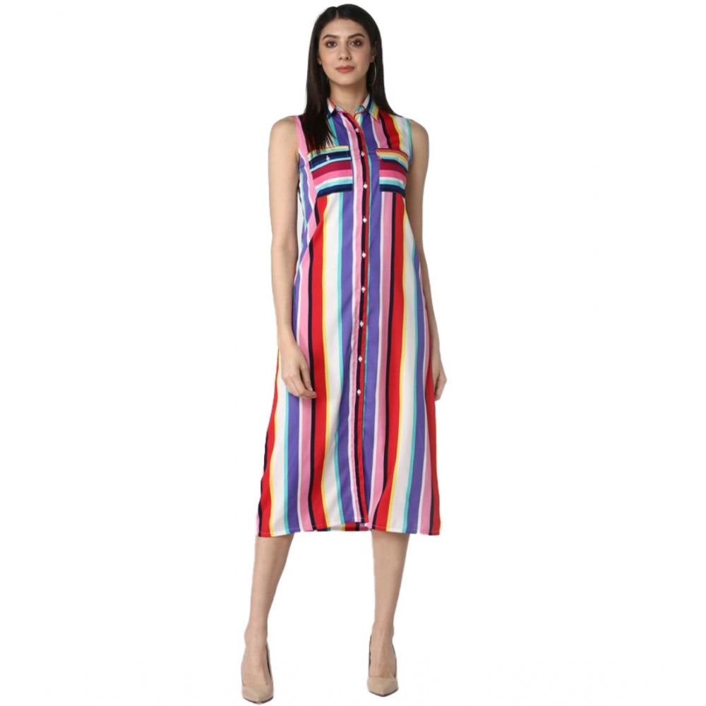 Vaystra Polyester Striped Sleeveless Calf-length Dress – Multicolor