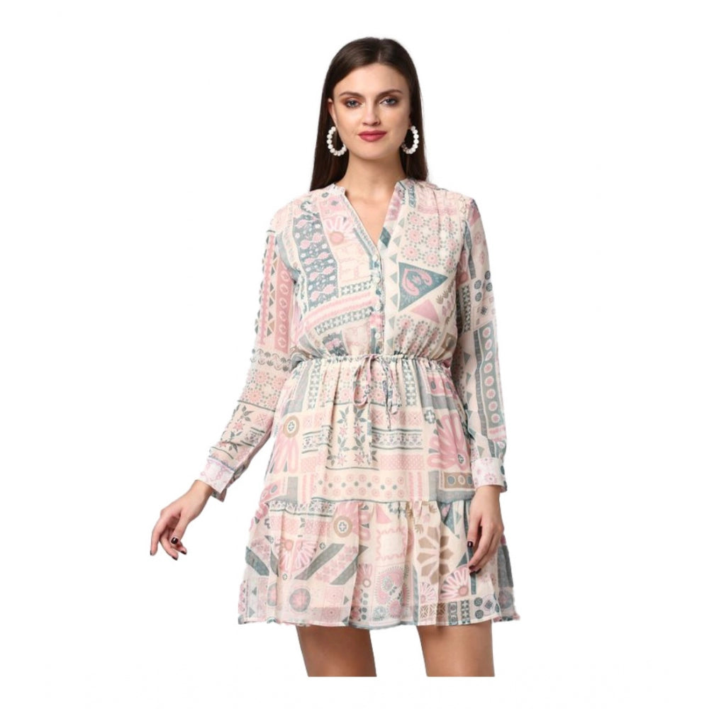 Vaystra Polyester Printed Long Sleeves Above Knee Dress – Light Pink & Off White