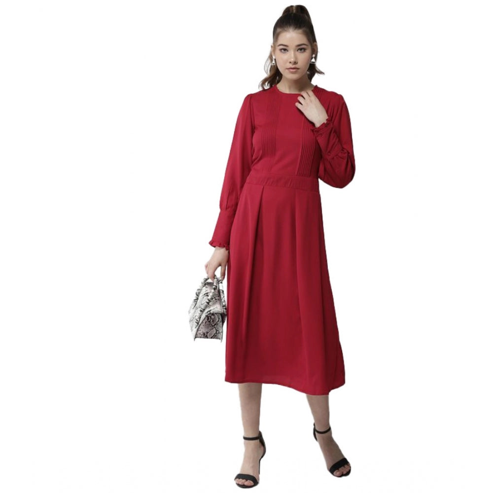 Vaystra Polyester Pintuck Long Sleeves Below Knee Dress – Red
