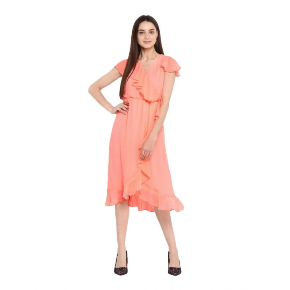 Vaystra Polyester Ruffled Cap Sleeve Below Knee Dress – Neon Pink