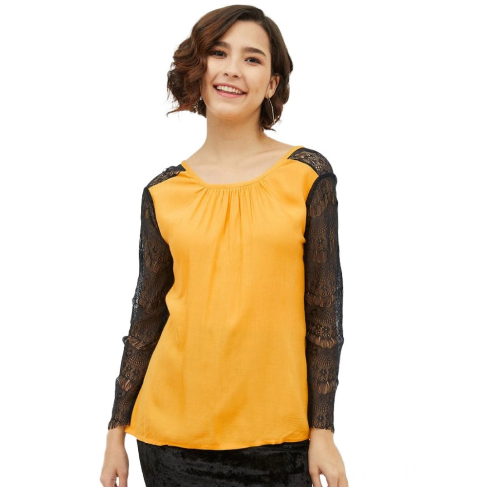 Vaystra Rayon Lace Inserts Long Sleeves Top – Yellow