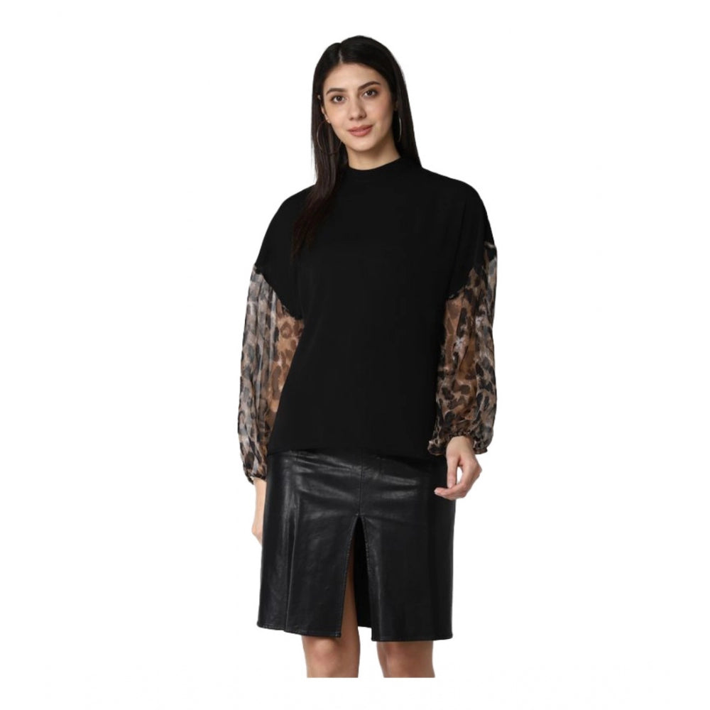 Vaystra Polyester Animal Print Long Sleeves Top – Black