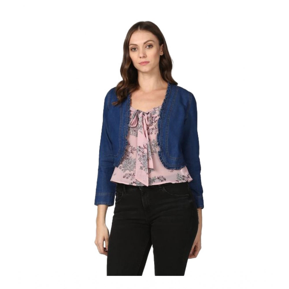 Vaystra Denim Ruffled Long Sleeves Shrug – Navy Blue