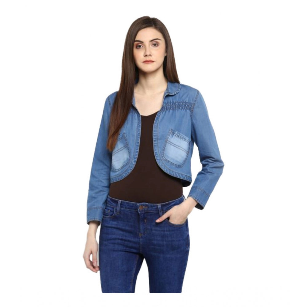 Vaystra Denim Smocking 3-4th Sleeves Shrug – Blue