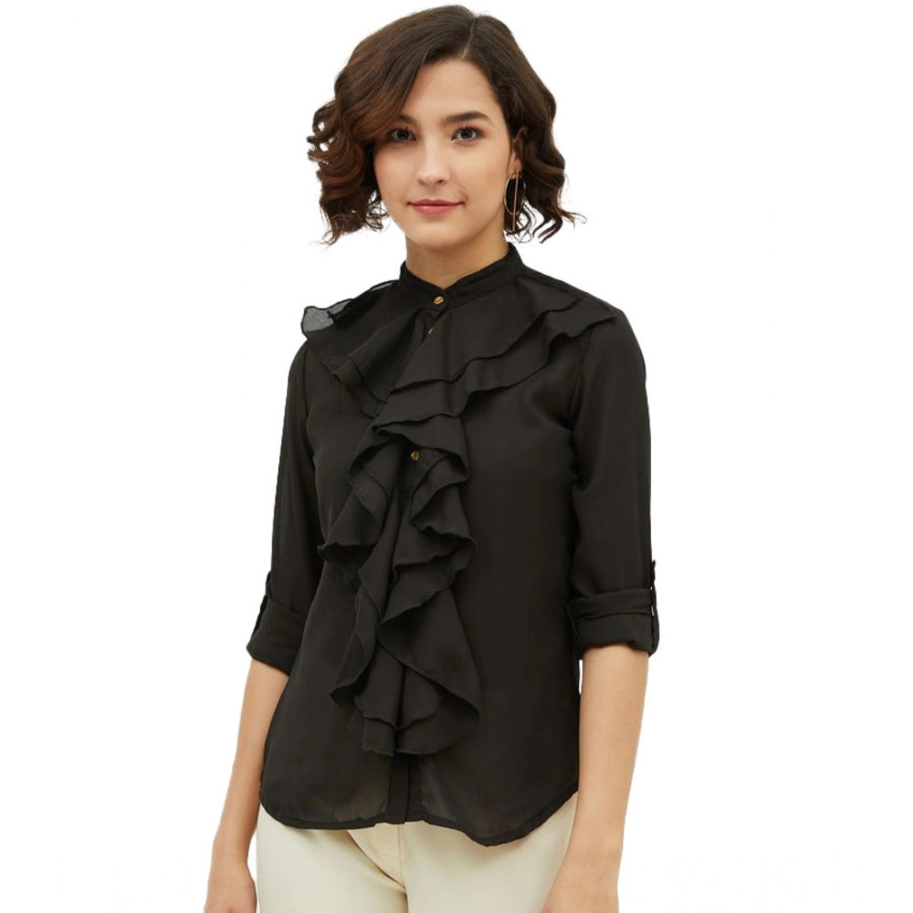 Vaystra Polyester Ruffled Long Sleeves Standard Length Shirt – Black