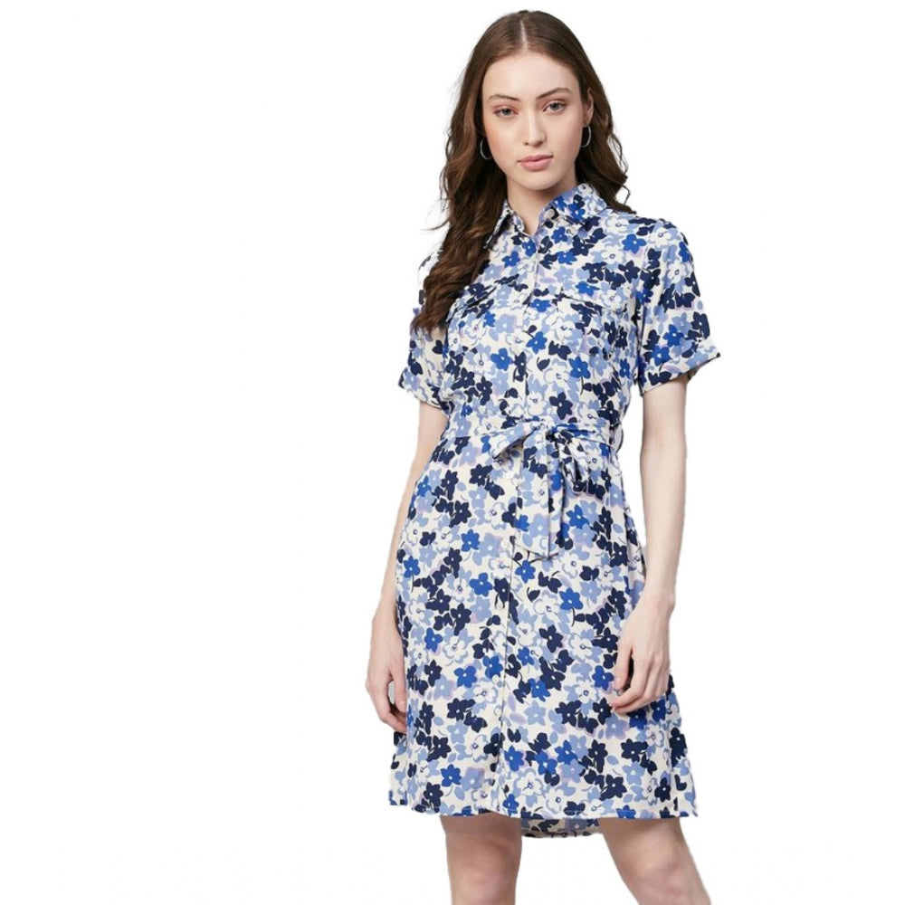 Vaystra Polyester Floral Short Sleeve Above Knee Dress – Blue & White