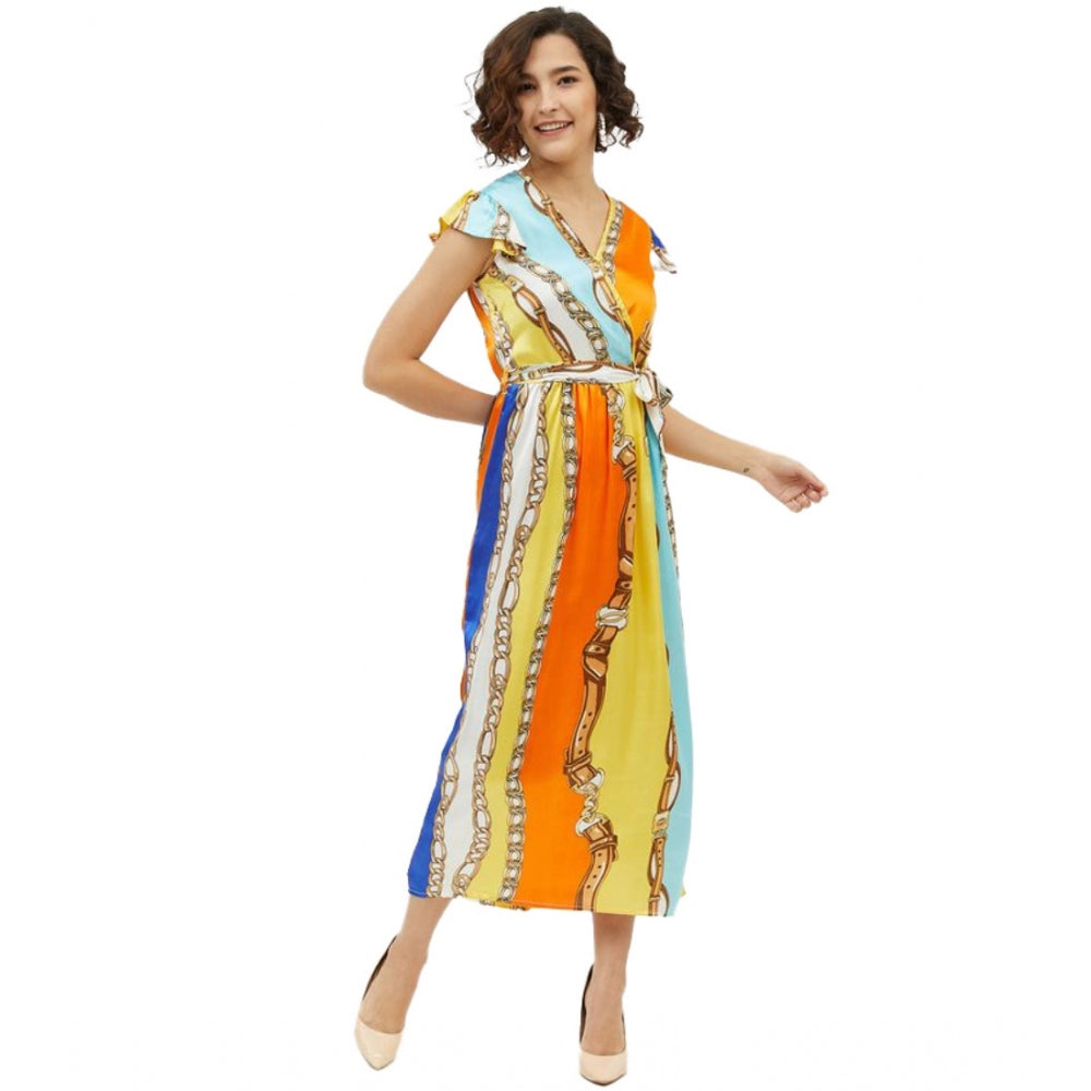 Vaystra Satin Chain Print Cap Sleeve Calf-length Dress – Multicolor