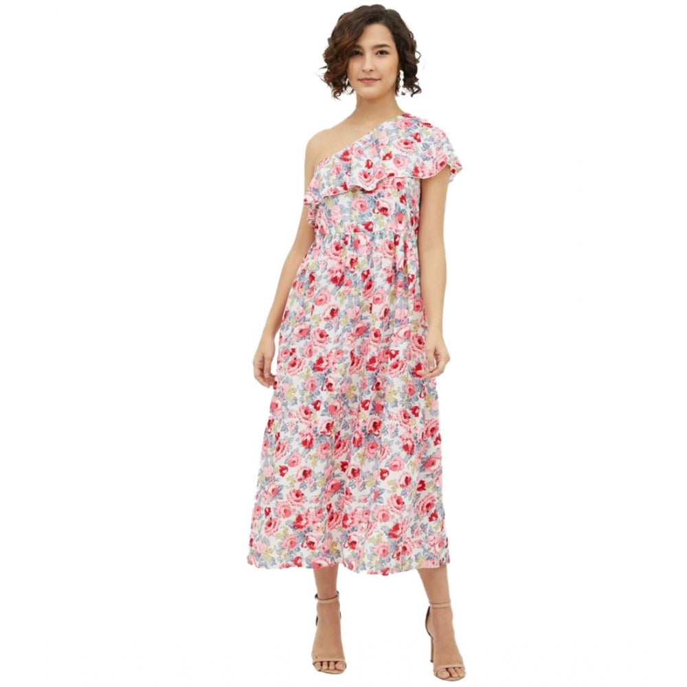 Vaystra Polyester Floral One Shoulder Calf-length Dress – Multicolor