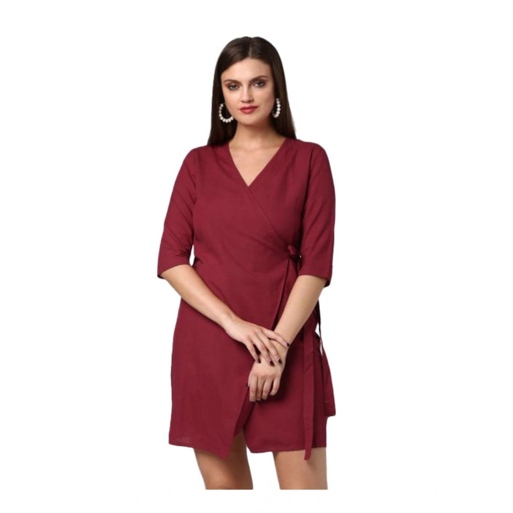 Vaystra Cotton Solid 3-4th Sleeves Above Knee Dress – Maroon