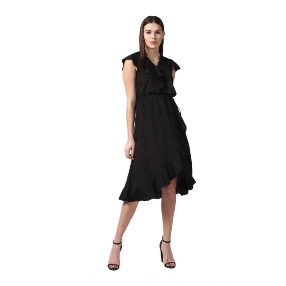 Vaystra Polyester Ruffled Cap Sleeve Knee-Length Dress – Black