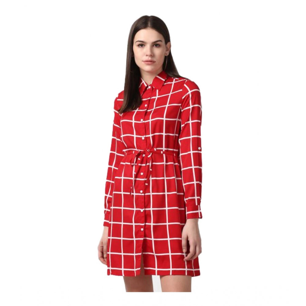 Vaystra Polyester Checkered Long Sleeves Above Knee Dress – Red
