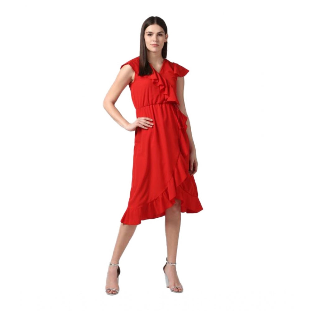 Vaystra Polyester Ruffled Cap Sleeve Knee-Length Dress – Red