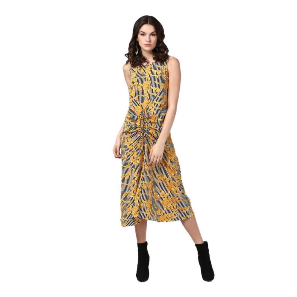 Vaystra Polyester Chain Print Sleeveless Below Knee Dress – Yellow & Black