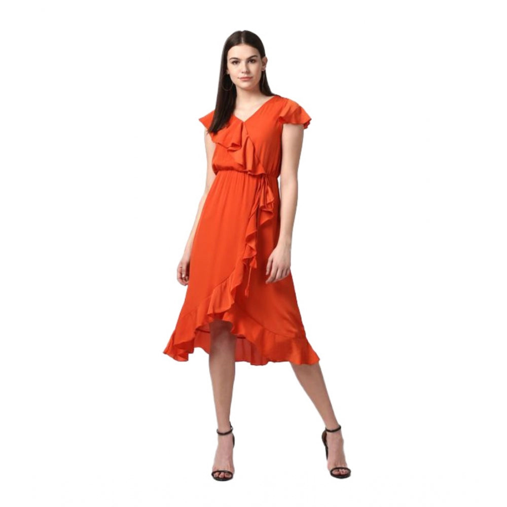 Vaystra Polyester Ruffled Cap Sleeve Knee-Length Dress – Orange