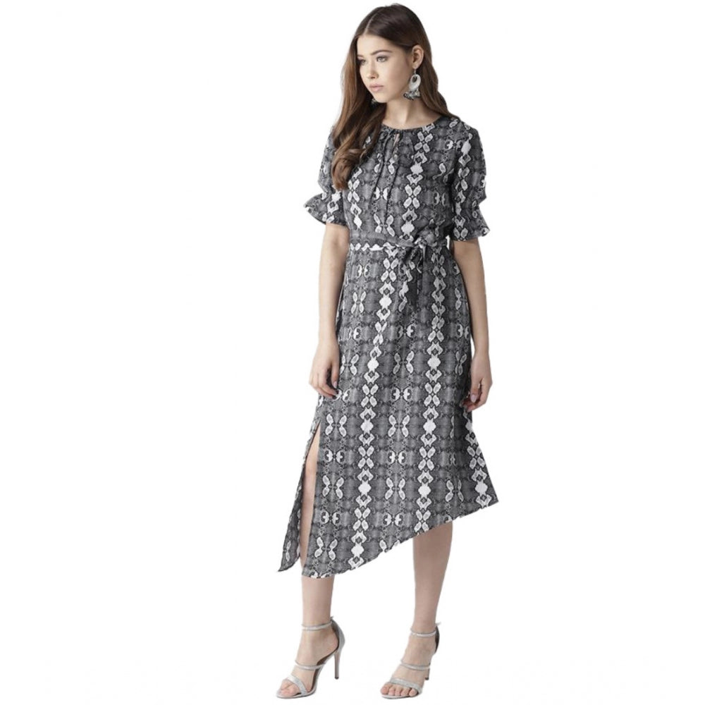 Vaystra Polyester Animal Print Short Sleeve Knee-Length Dress – Black & White