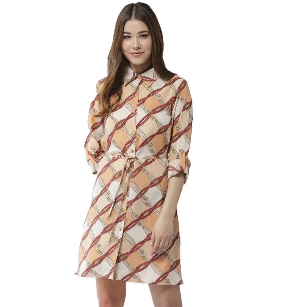 Vaystra Polyester Printed Roll Up Sleeve Above Knee Dress – Off White & Brown