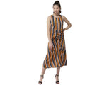 Vaystra Polyester Striped Sleeveless Below Knee Dress – Mustard