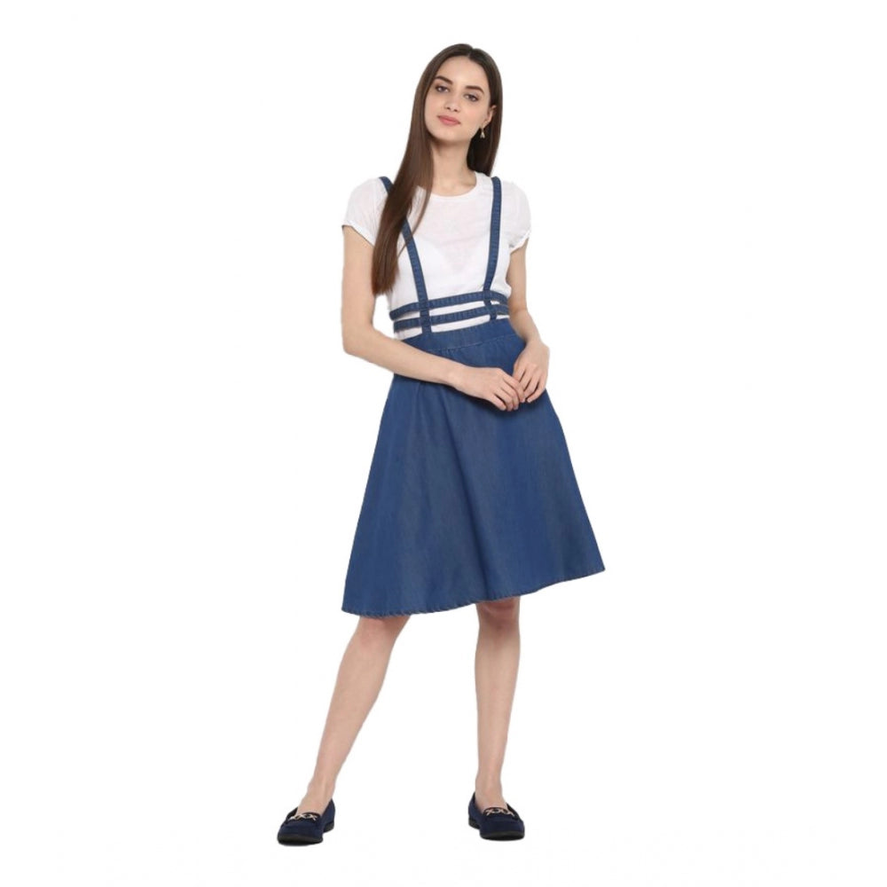 Vaystra Denim Solid Shoulder Straps Below Knee Dress – Blue