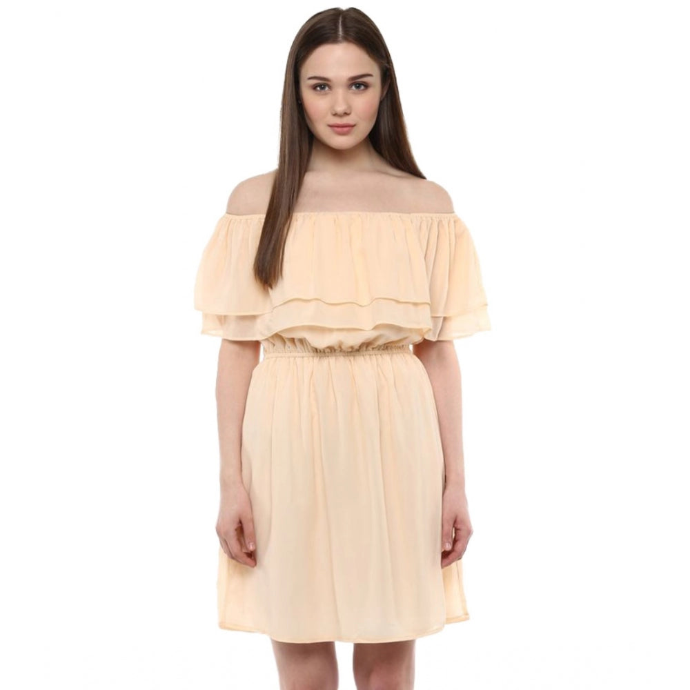 Vaystra Polyester Solid Sleeveless Knee-Length Dress – Beige