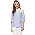 Vaystra Cotton Striped Cold Shoulder Top – Blue