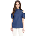 Vaystra Denim Solid Cold Shoulder Regular Top – Blue