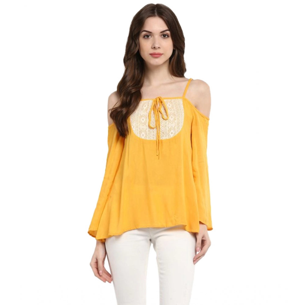 Vaystra Rayon Embellished Cold Shoulder Regular Top – Mustard Yellow