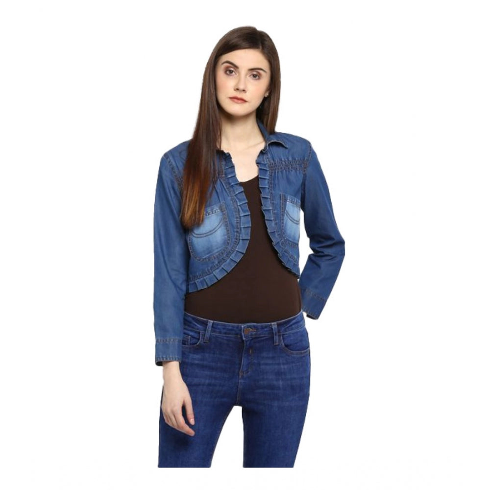 Vaystra Denim Pleated 3-4th Sleeves Shrug – Blue