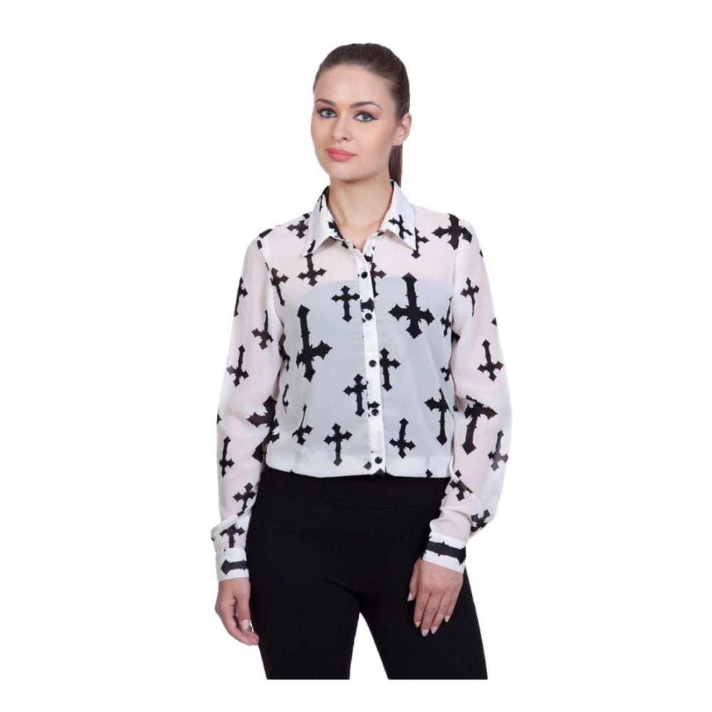 Vaystra Polyester Printed Long Sleeves Standard Length Shirt – White