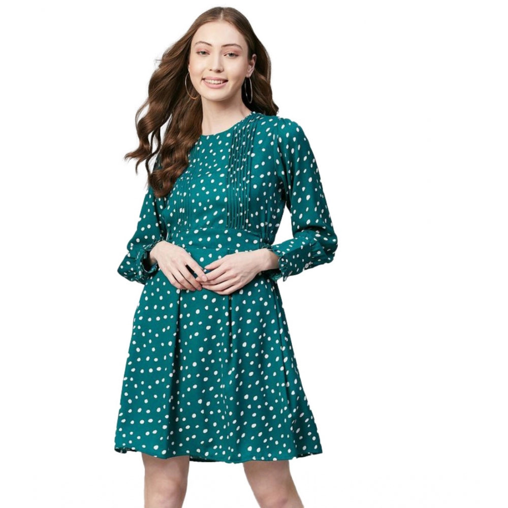 Vaystra Polyester Polka Long Sleeves Above Knee Dress – Green & White