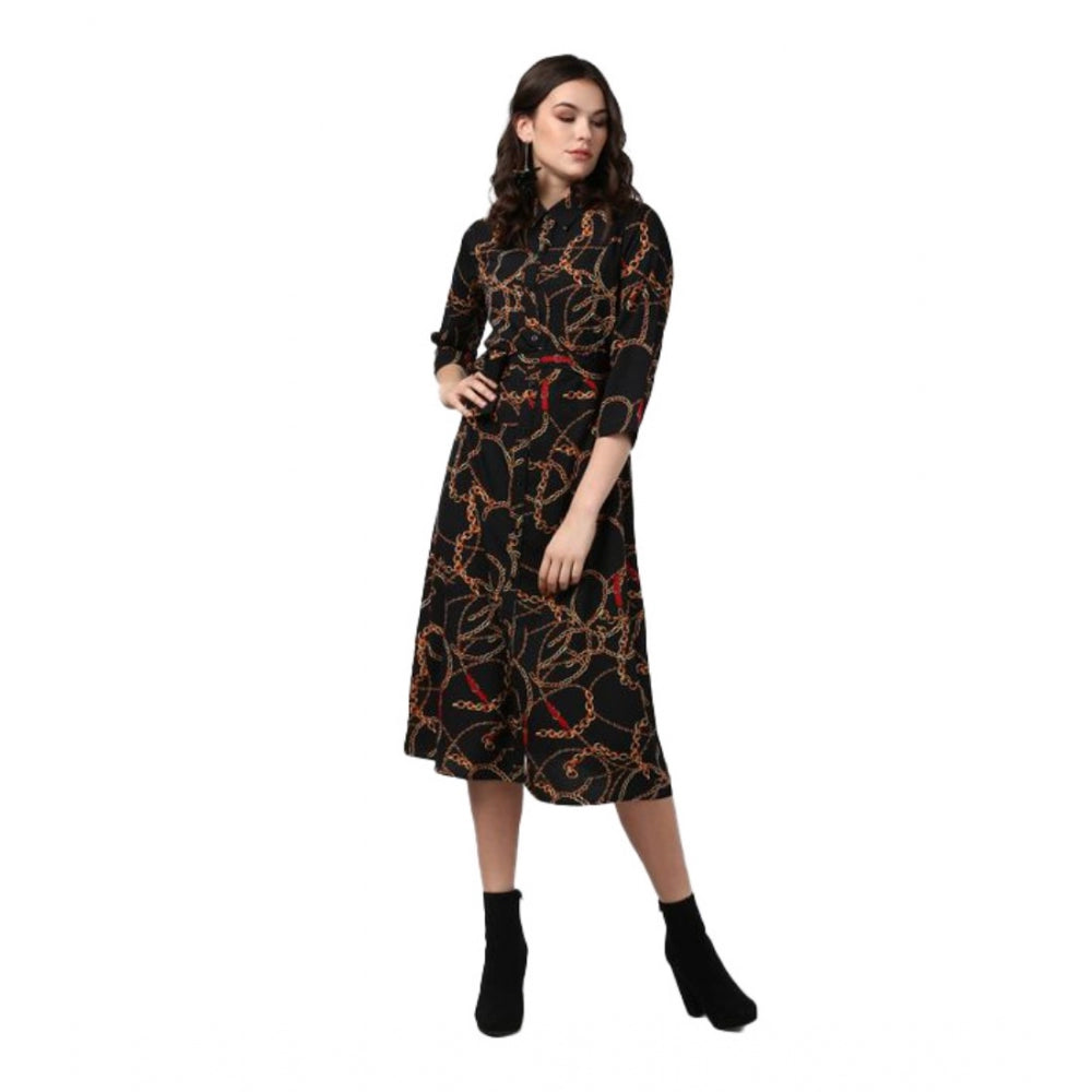 Vaystra Polyester Chain Print Roll Up Sleeve Below Knee Dress – Black & Yellow