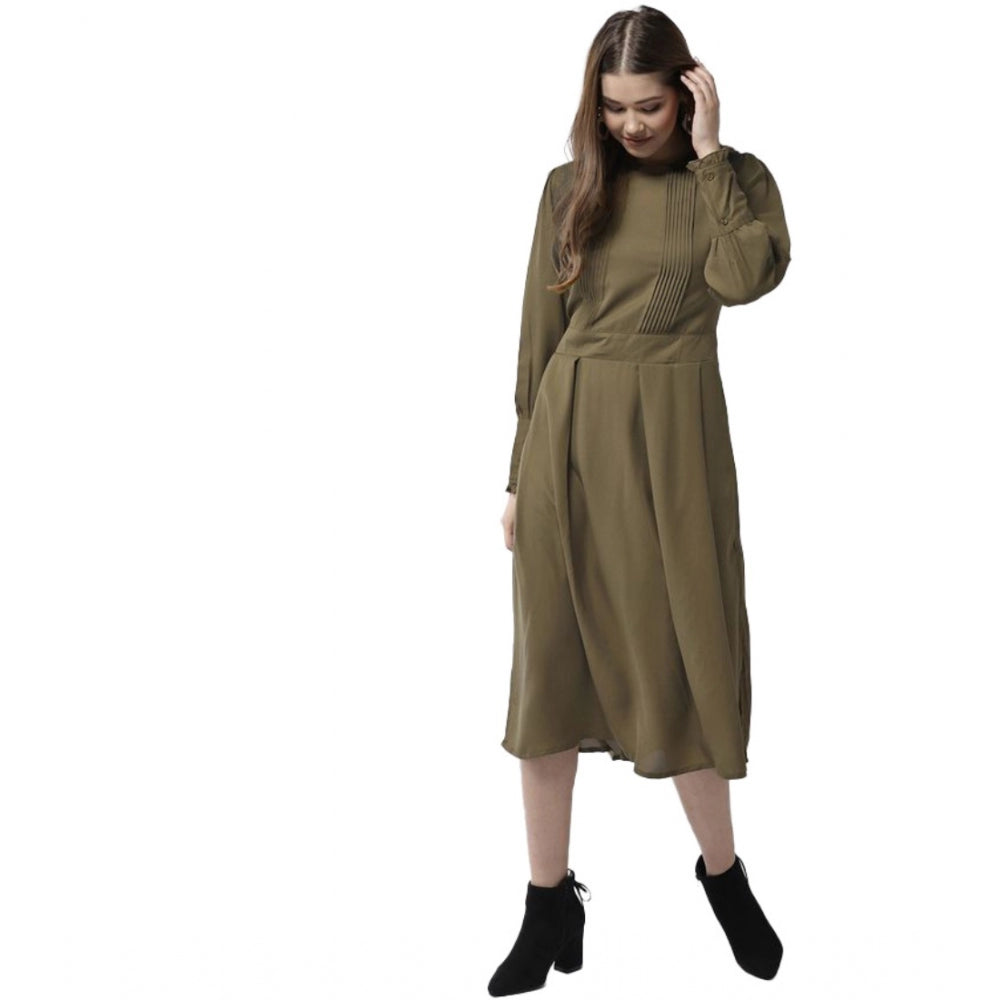 Vaystra Polyester Pintuck Long Sleeves Below Knee Dress – Olive