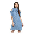 Vaystra Denim Solid Cold Shoulder Above Knee Dress – Blue