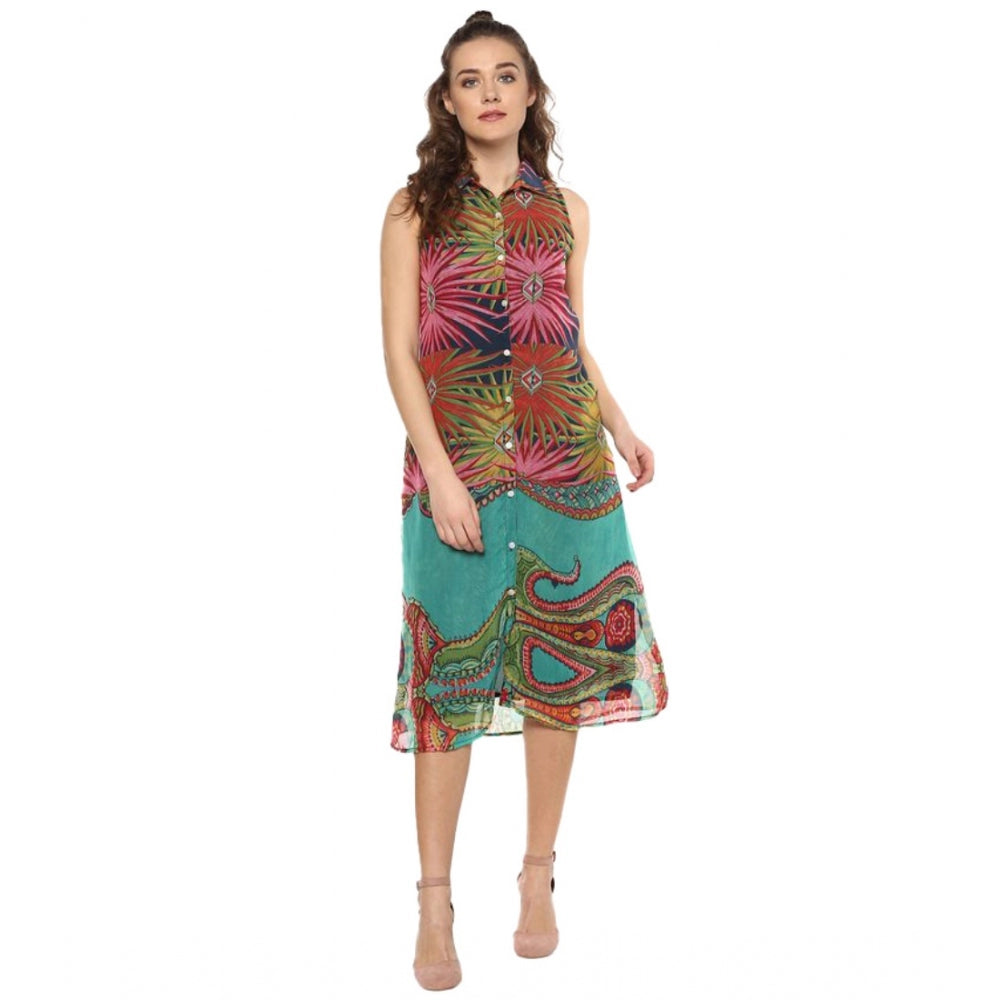 Vaystra Polyester Floral Sleeveless Below Knee Dress – Multicolor