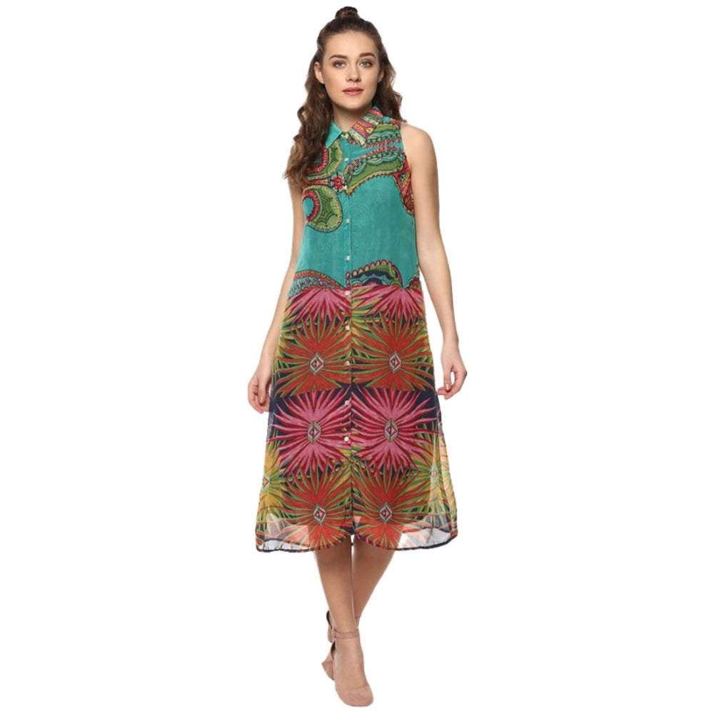 Vaystra Polyester Floral Sleeveless Below Knee Dress – Multicolor