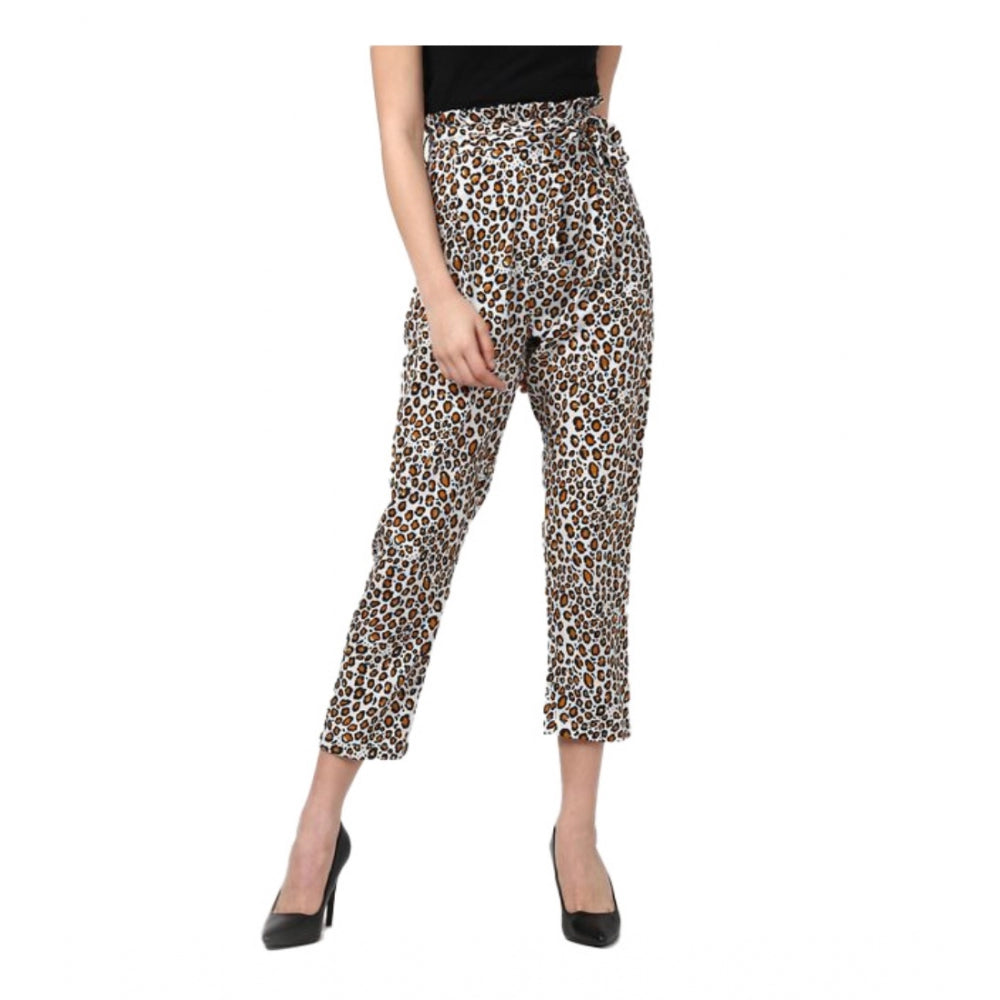 Vaystra Polyester Animal Print Elasticated Trousers – White & Yellow
