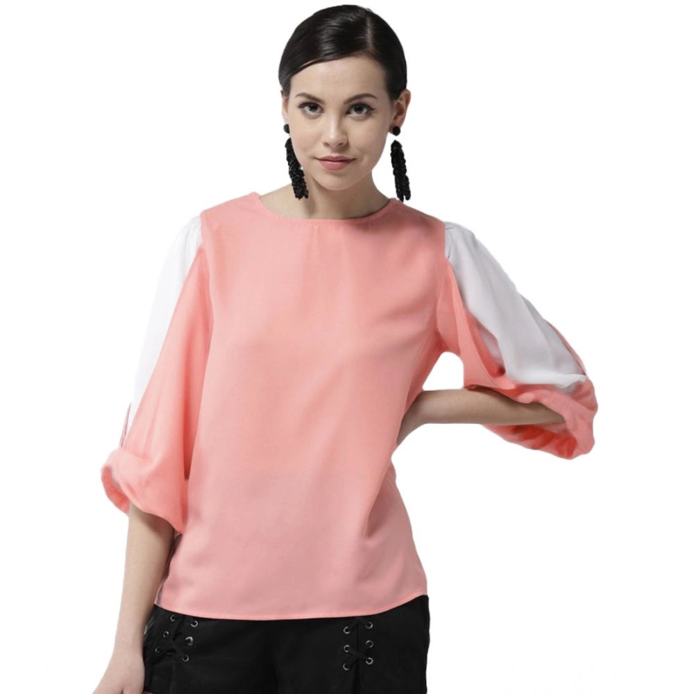Vaystra Polyester Colour Block Slit Sleeve Top – Pink