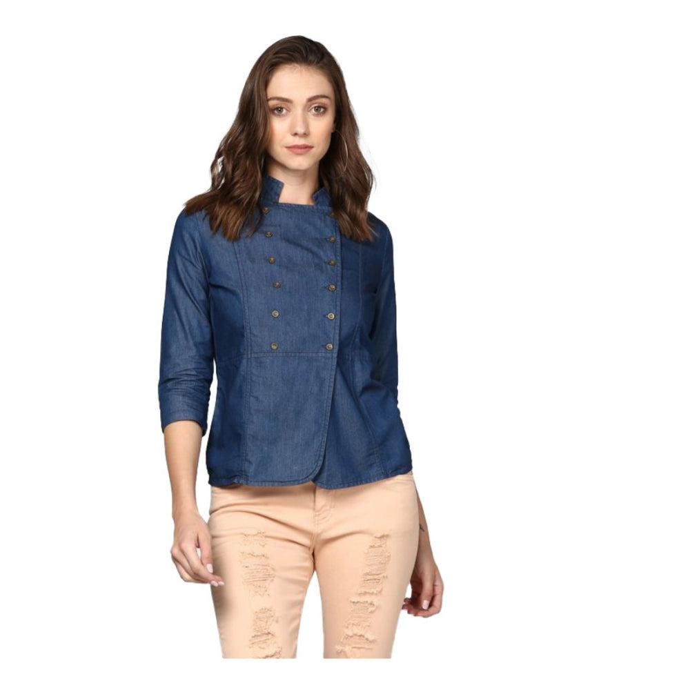 Vaystra Denim Solid 3-4th Sleeves Top – Blue